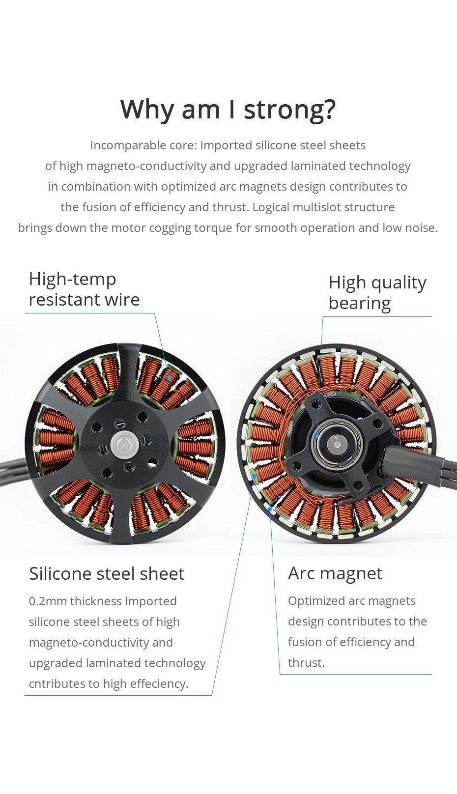 T-motor MN5006 KV300 KV450 Brushless Motor Antigravity Light Efficient 4-6S 3KG Trust Fit For P17x5.8 / P18x6.1" 11 T-motor, silicone steel sheets of high magneto-conductivity and upgraded laminated technology contributes to
