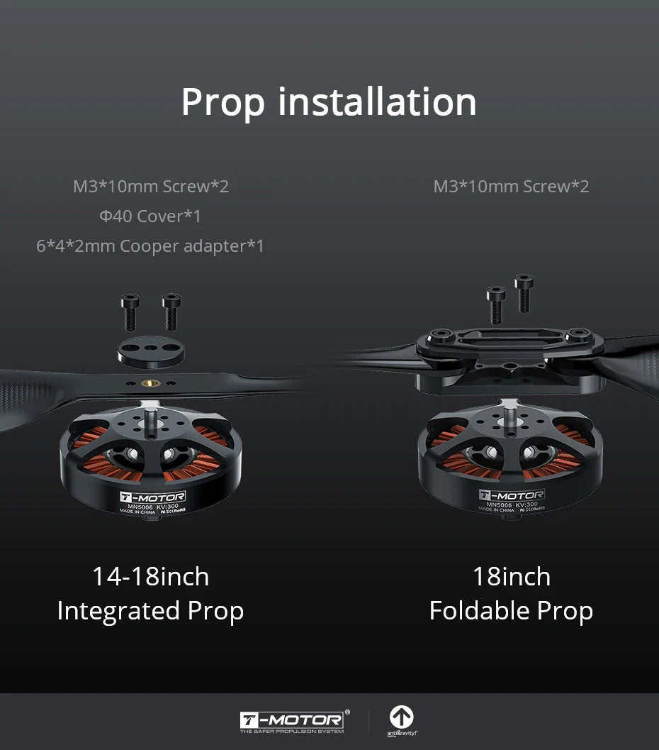 T-motor MN5006 KV300 KV450 Brushless Motor Antigravity Light Efficient 4-6S 3KG Trust Fit For P17x5.8 / P18x6.1" 12 T-motor, Integrated Foldable Prop EMOTOR FeAROPULSIONStsucI