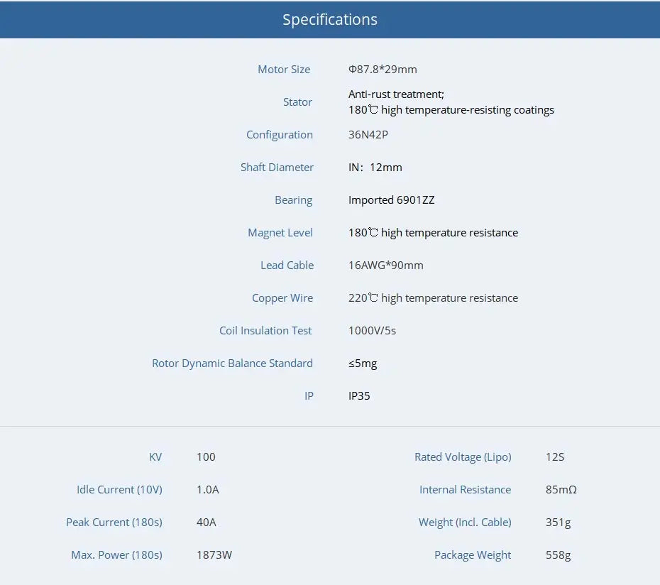 T-motor MN8012 KV100 12S Brushless Motor - Antigravity 8012 Max Thrust 11.8KG Outrunner Motor For Multirotor RC Drone VTOL 13 T-motor, Specifications Motor Size 087.8*29mm Anti-rust treatment; Stator 18