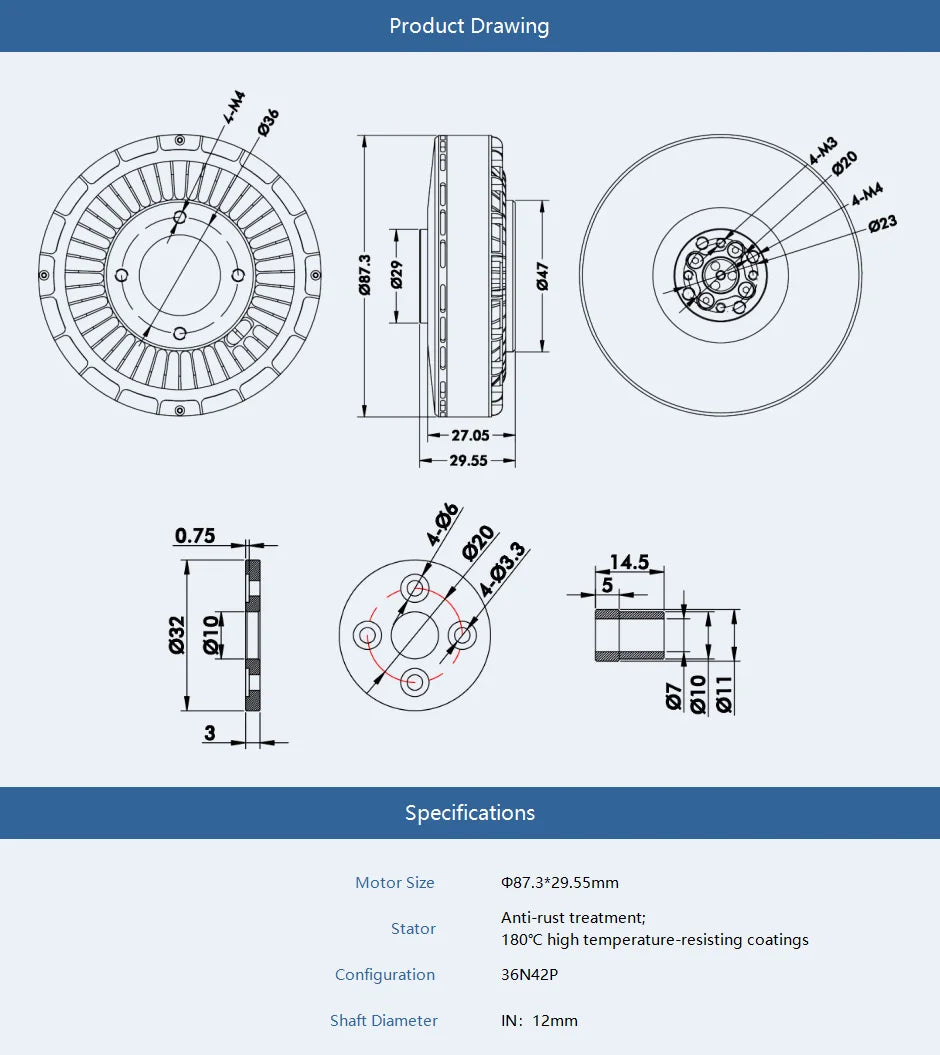 T-motor, p87.3*29.55mm Anti-rust treatment; Stator 180*C