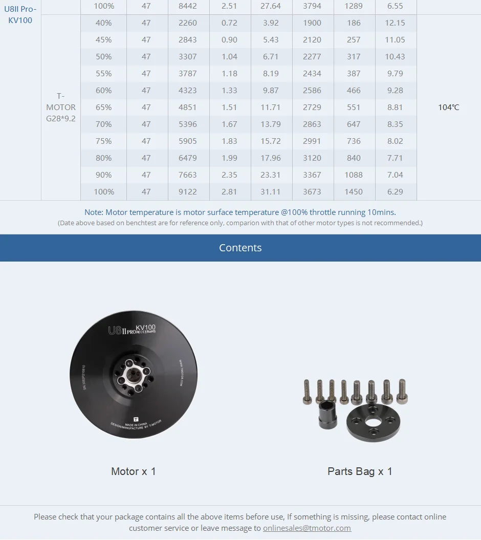 T-motor U8II PRO KV100 Brushless Motor SPECIFICATION