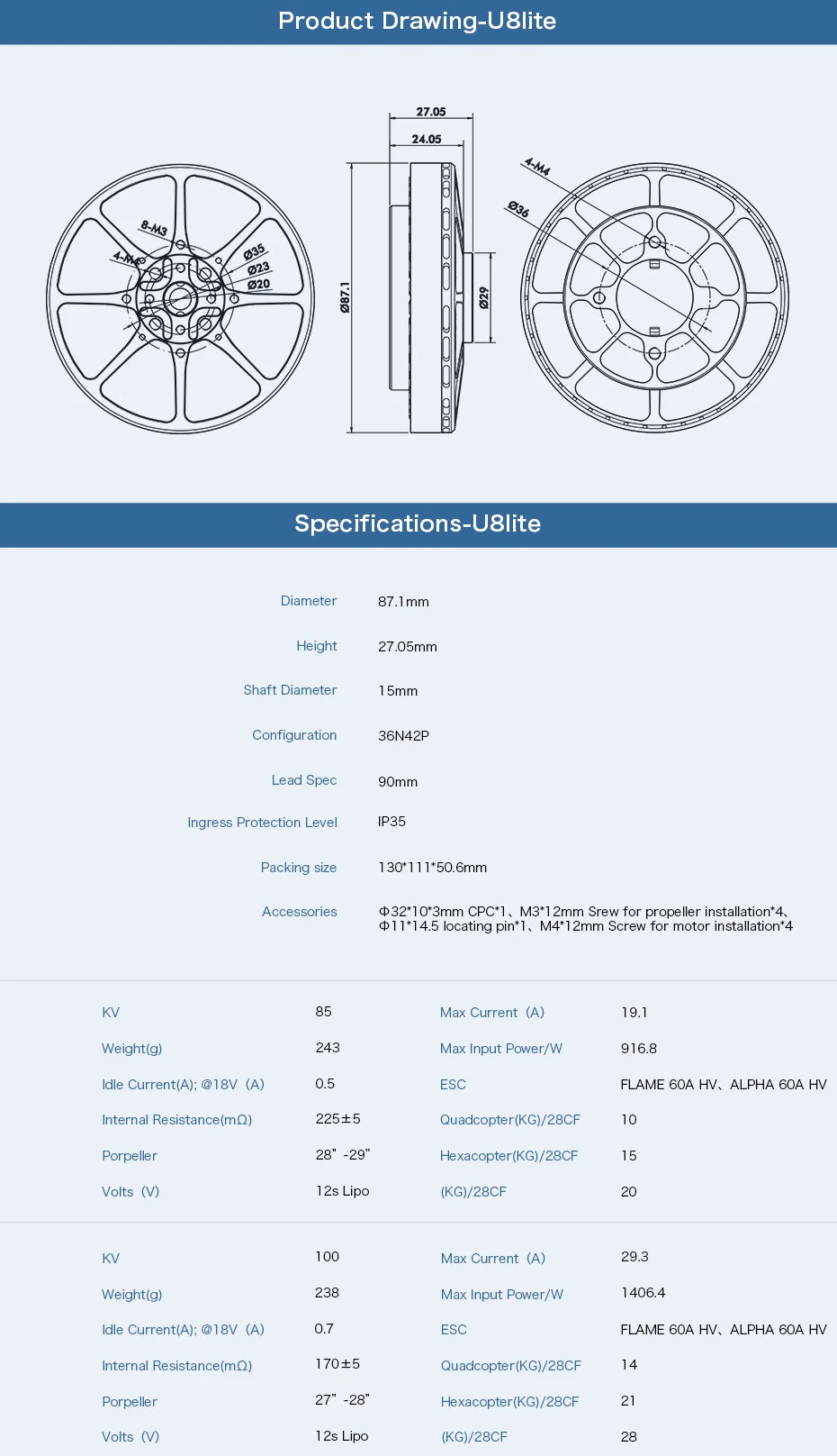 T-motor, 87.Imm Height 27.05mm Shaft Diameter Smm Configuration 36