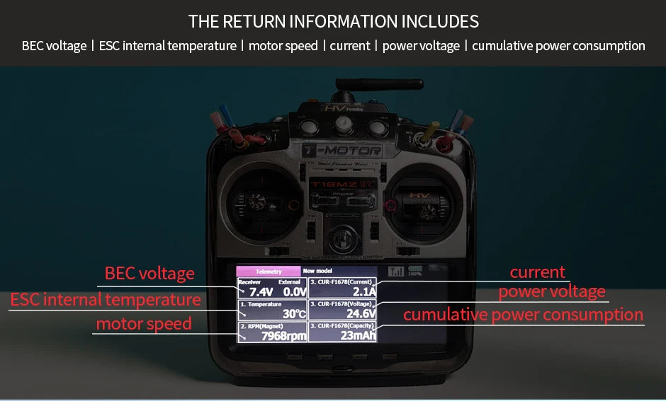T-MOTOR AM600 Combo - KV555 (AM600+AM116+16x8prop) Unleasch Extreme Potential With up to 8298g of thrust 8 T-MOTOR, RETURN INFORMATION INCLUDES BEC voltage ESC internal temperature motor speed current power voltage