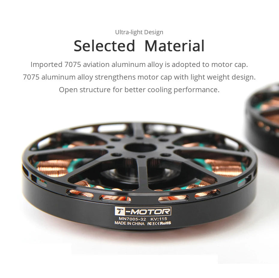 T-motor, 7075 aluminum alloy strengthens motor cap with light weight design: Open structure for better cooling performance