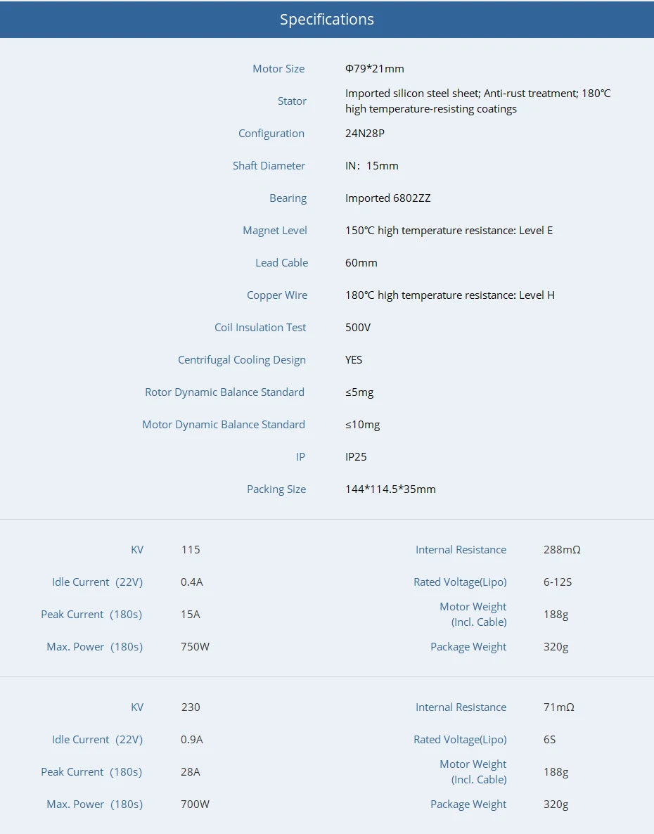 T-motor, Specifications Motor Size 079*21mm Imported silicon steel sheet; Anti-rust treatment