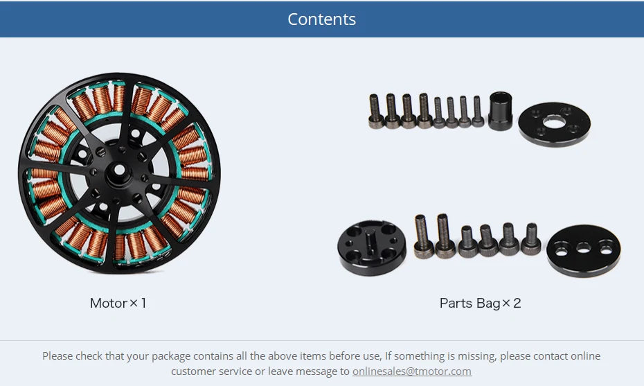 T-motor, If something is missing, please contact online customer service or leave message to onlnesae