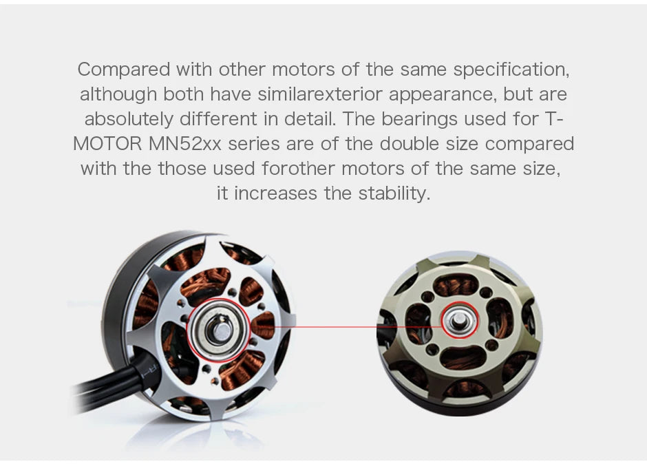 T-Motor MN5208 KV340 Brushless Motor with position lock 4.1KG Thrust for UAV drones quadcopters multi-rotor professional boats 11 T-Motor, the bearings used for T- MOTOR MNSZxX series are of the double