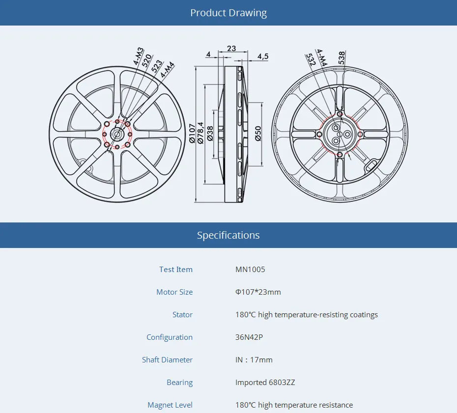 T-MOTOR, MN1OOS Motor Size 0107*23mm Stator 80 C high temperature-