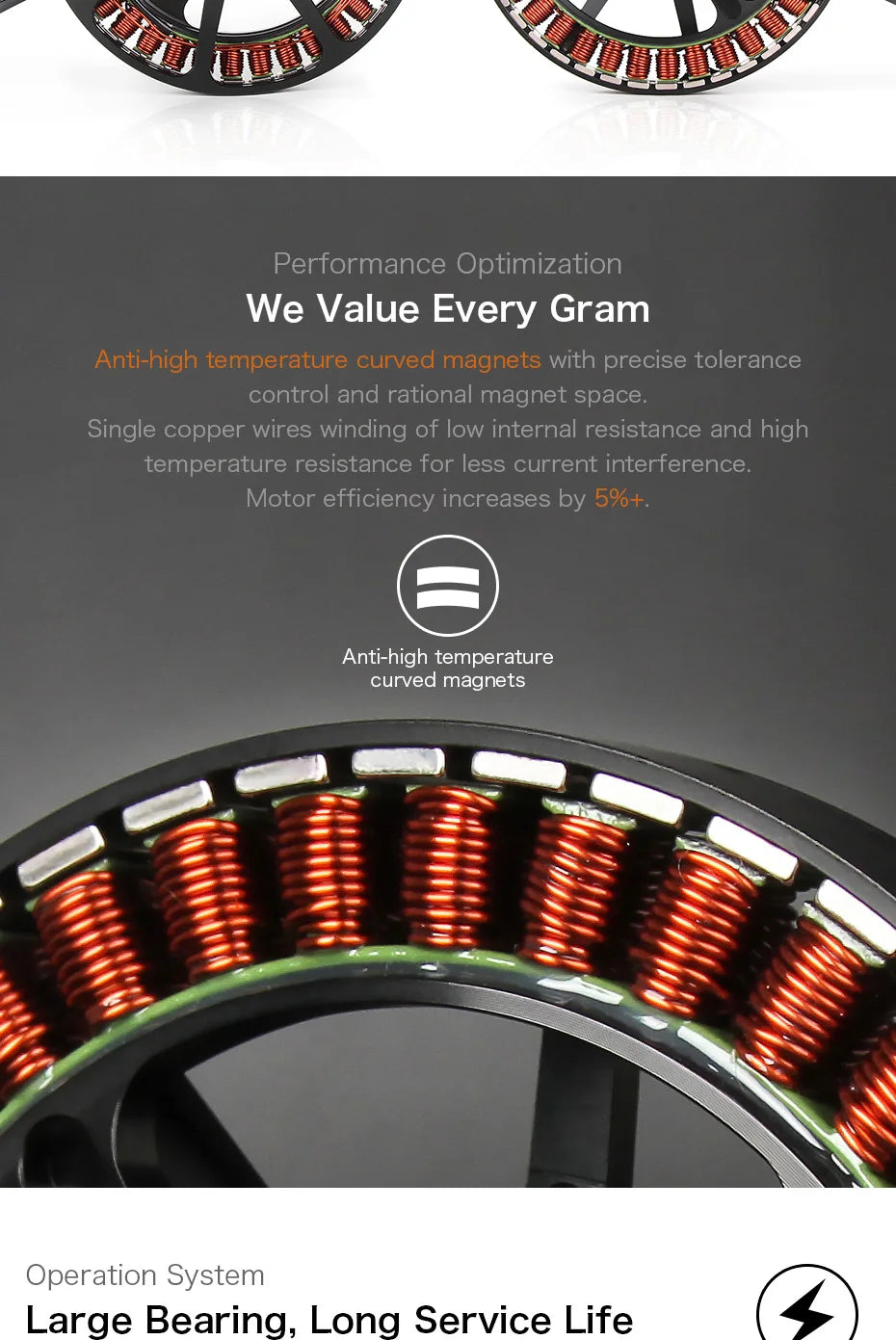 T-MOTOR, Single copper wires winding of low internal resistance and high temperature resistance for less current interference Motor