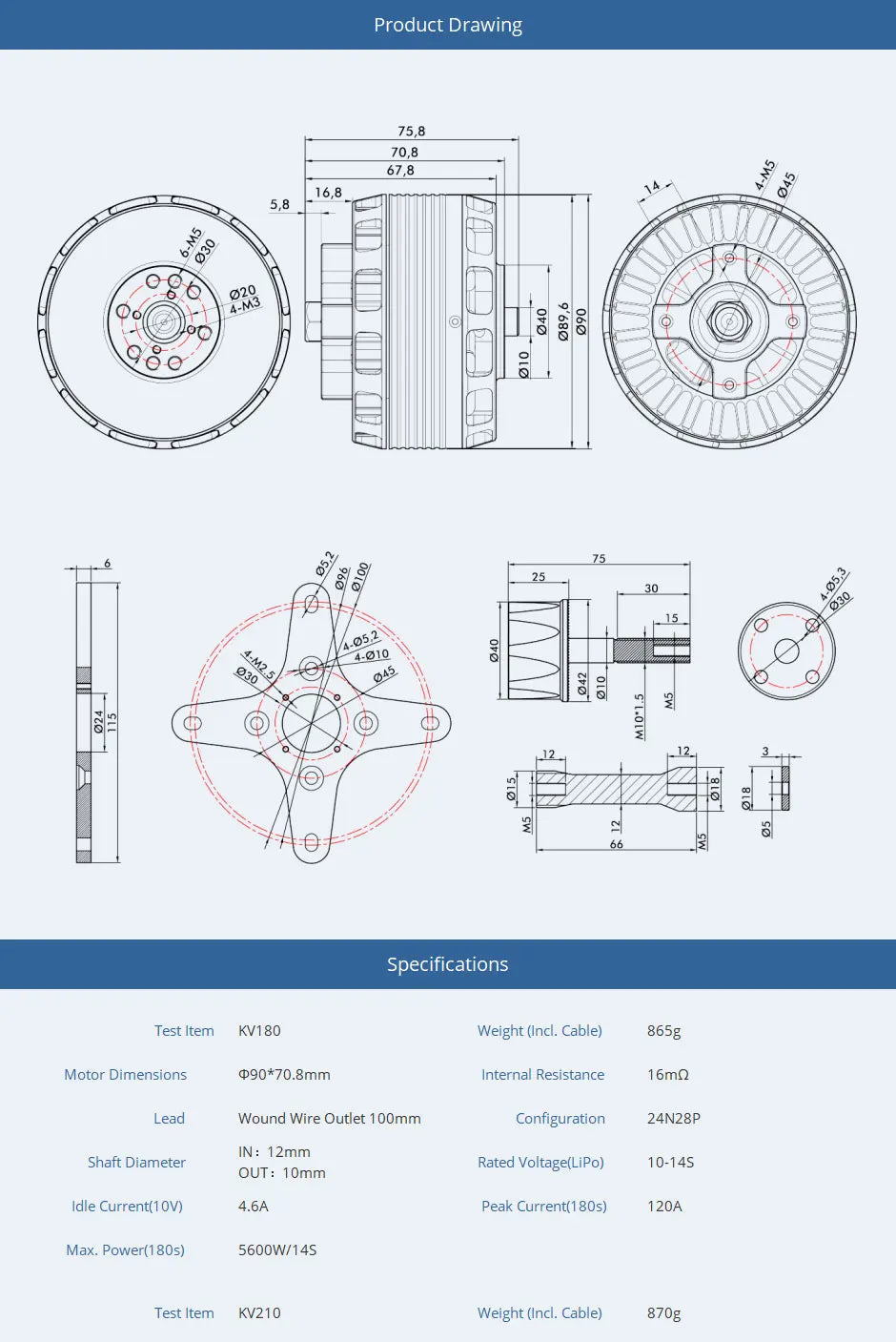 T-MOTOR, KV180 Weight (Incl. Cable) 865g Motor Dimensions 090