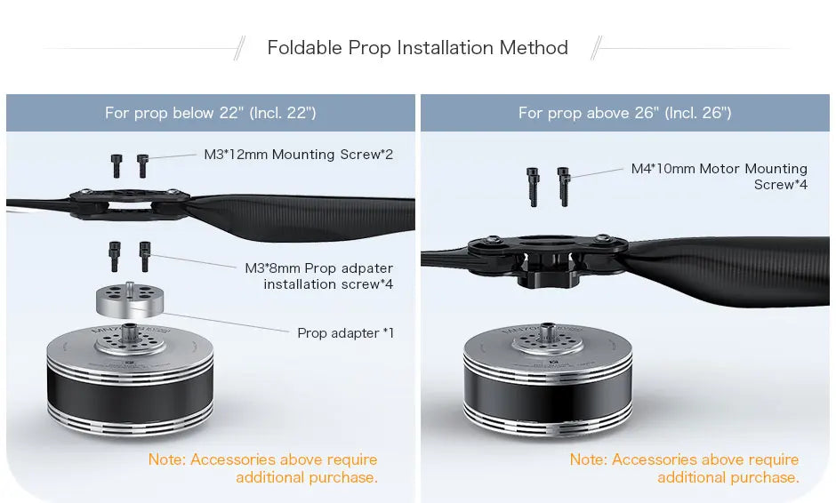 2Pcs/Set T-motor, Foldable Prop Installation Method For prop below 22" (Incl: 22") For prop