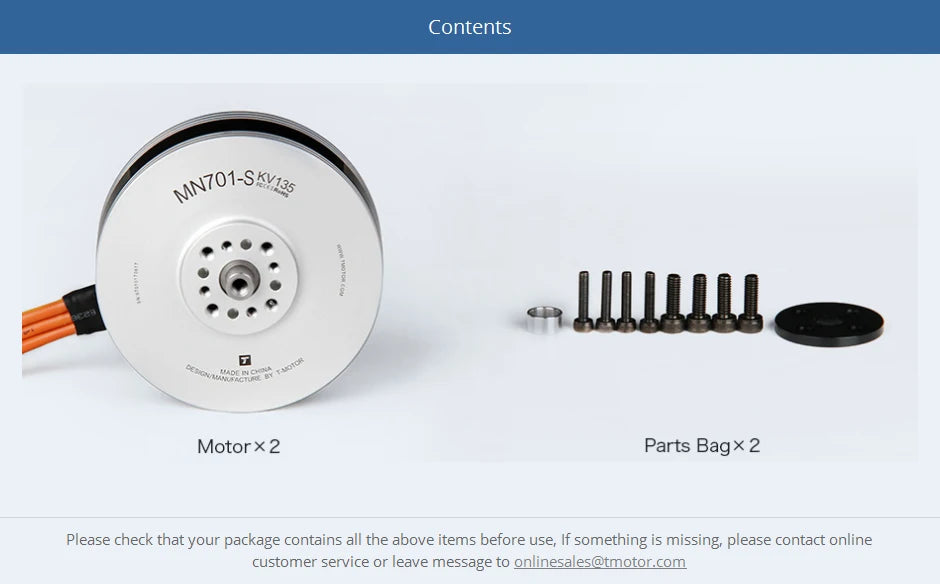 2Pcs/Set T-motor, if something is missing, please contact online customer service or leave message t0 onlines