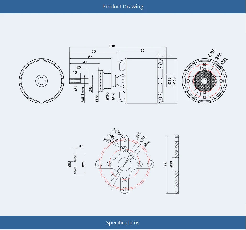 T-motor, Product Drawing 3 1 Specifications 4-07, 4-04