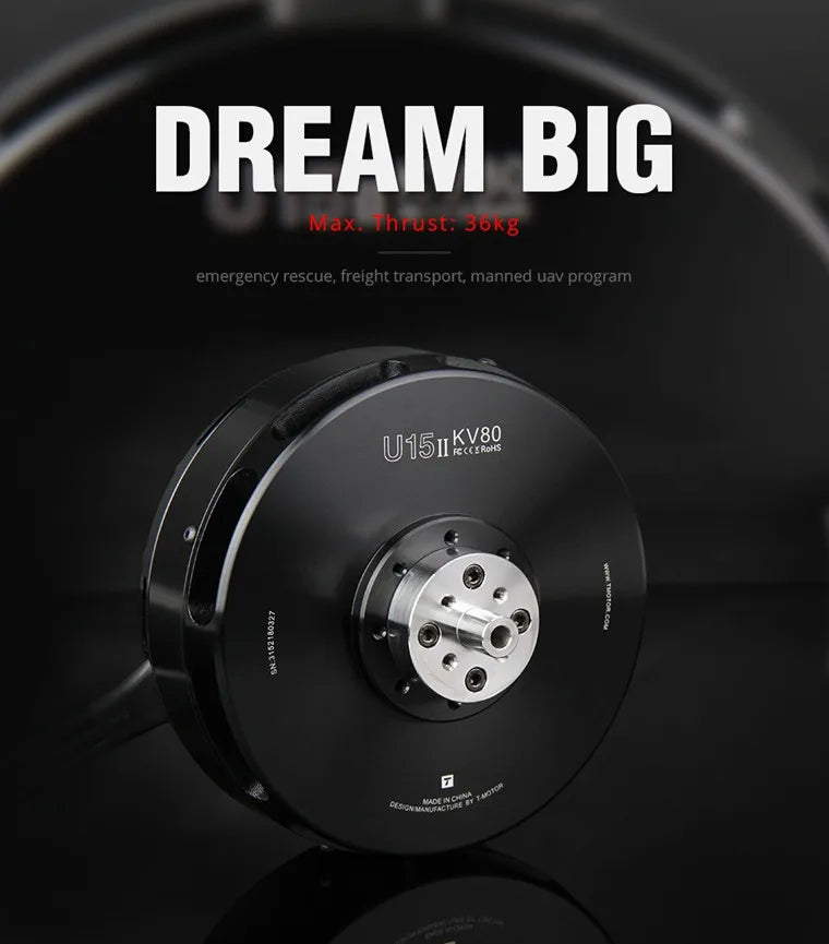T-motor U15 II KV80 Motor - Customized DC 36KG Big Thrust Motor For 100kg Payload Drone Match 40 inch Prop 6 T-motor, manned uav program U15uKvso Dtsen N