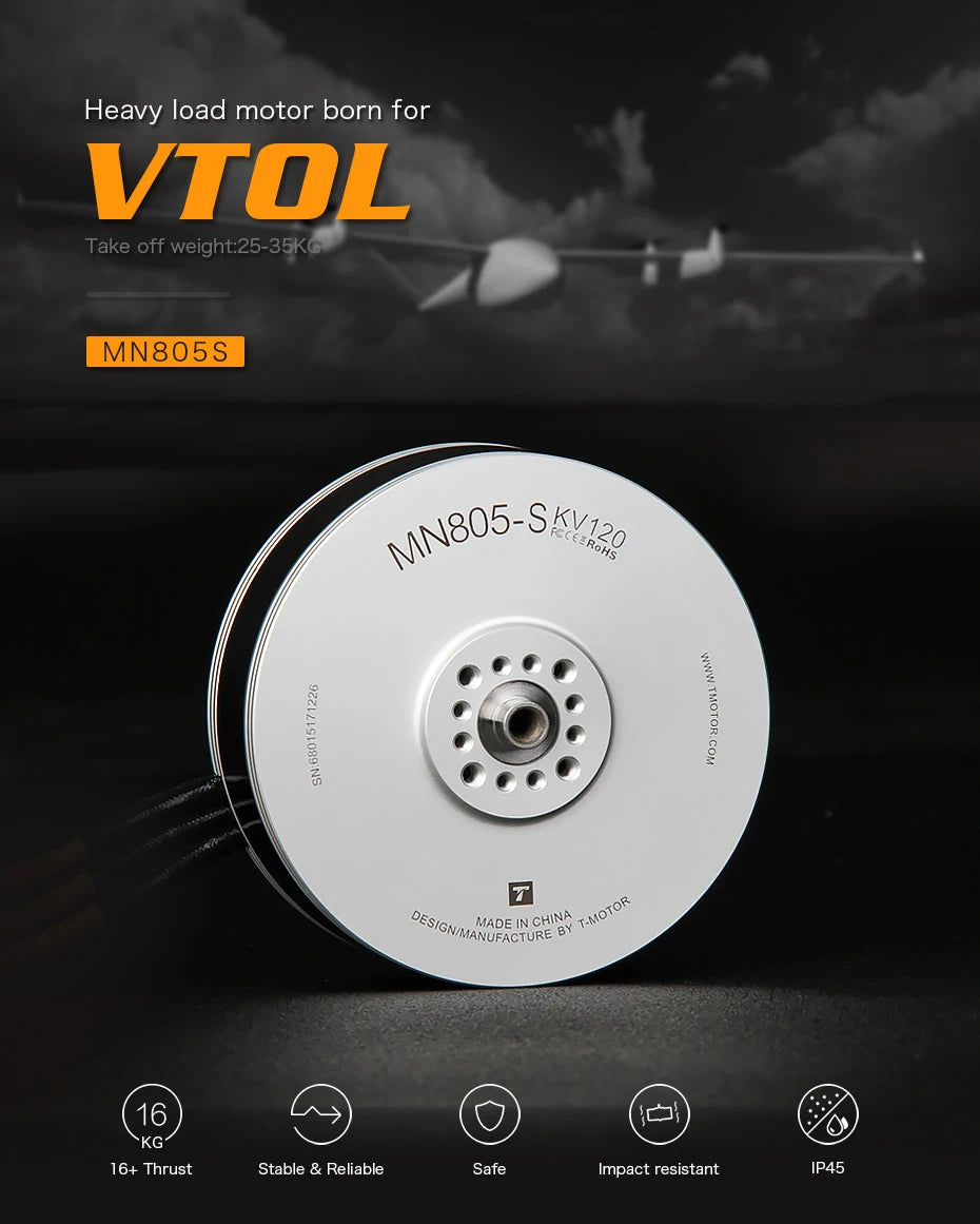 T-motor MN805S 150KV Brushless Motor 16KG Thrust For VTOL Heavy Load Aircraft Drone Multirotor Quadcopter 7 T-motor, heavy load motor born for VTOL Take off weight. 16 KG 16+ Thrust