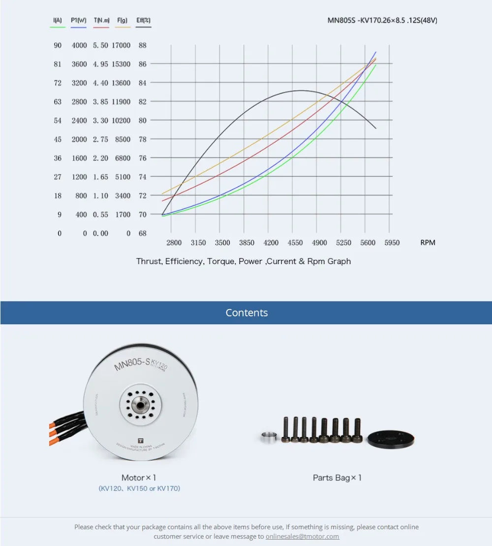 T-motor MN805S 150KV Brushless Motor 16KG Thrust For VTOL Heavy Load Aircraft Drone Multirotor Quadcopter 18 T-motor MN805S 150KV Brushless Motor SPECIFICATION