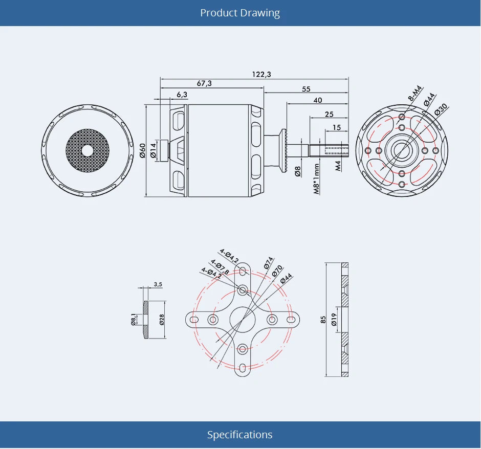 T-motor, Drawing 122,3 67,3 6,3 2 8> 04 8 Specifications