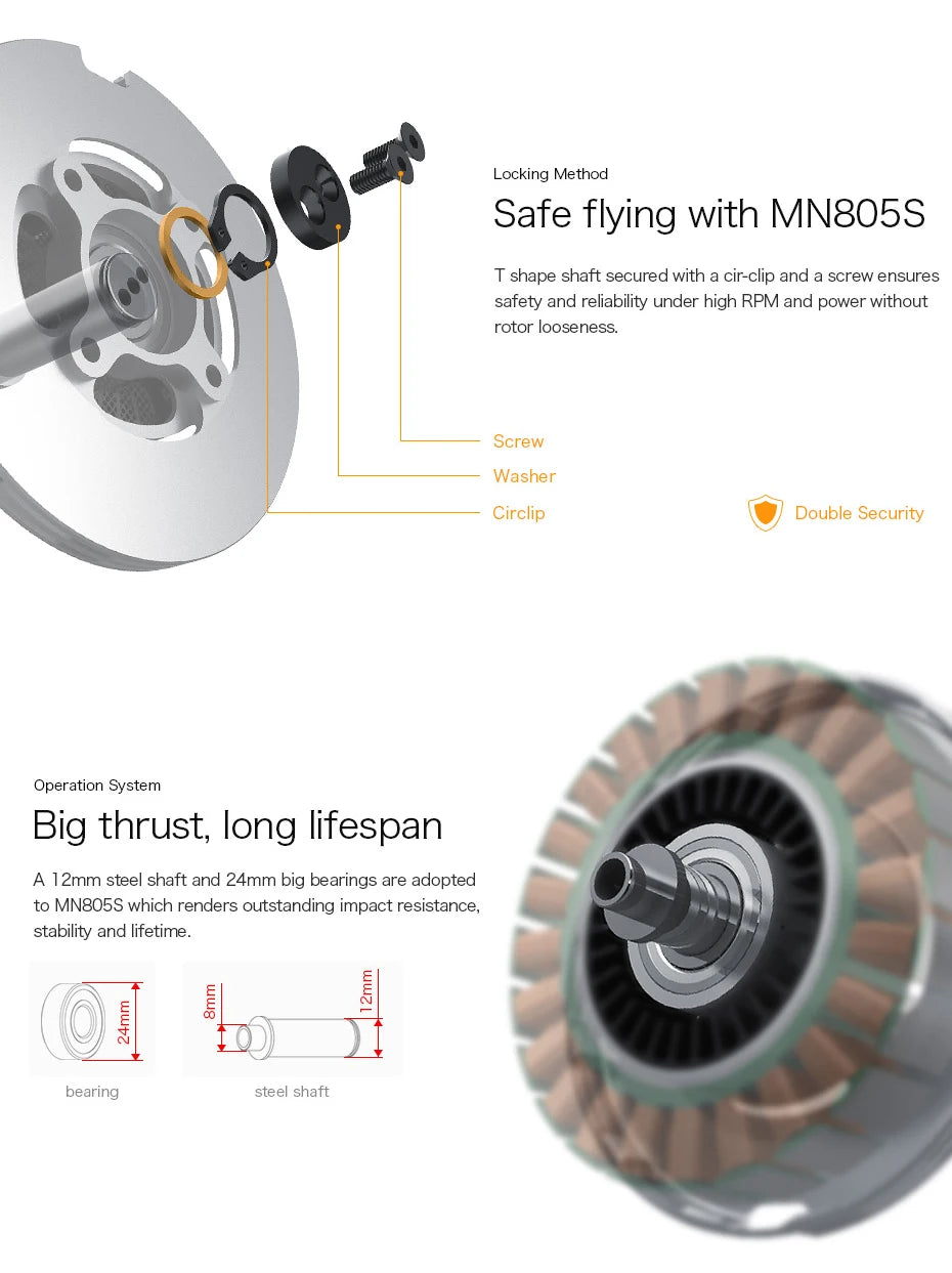 T-motor MN805-S KV120 KV150 170KV 16KG Thrust Brushless Electric Motor For VTOL Water Proof Heavy Lifting Aircraft Multirotor 10 T-motor, MN8O5S T shape shaft secured with a cir-clip and