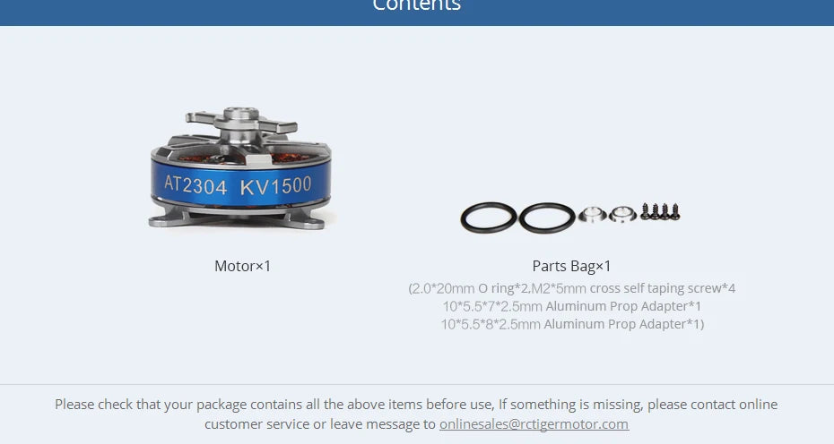 T-MOTOR, if something is missing; please contact online customer service or leave message to onlinesales@