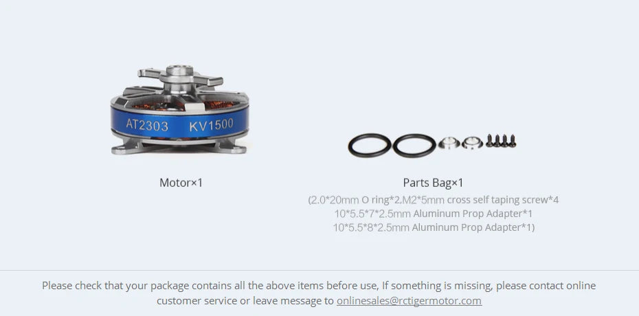 T-MOTOR, if something is missing, please contact online customer service or leave message to onlinesales@