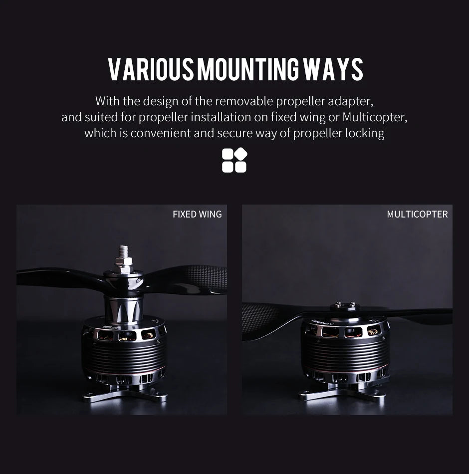 T-MOTOR AT8025 70CC Motor - KV160/KV190 AT80 Series Brushless Drone Motor Power And Balanced Excellent Control 10 T-MOTOR, VARIOUS MOUNTING WAYS With the design of the removable propeller adapter