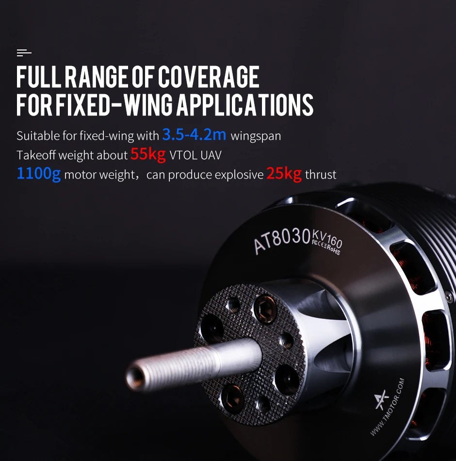 T-MOTOR AT8030 85CC KV160/KV190 AT80 محرك بدون فرش بدون طيار سلسلة الطاقة والتحكم المتوازن الممتاز 9 T-MOTOR, FULLRANCE OF COVERACE FORFIXED-WINC APPLICA T