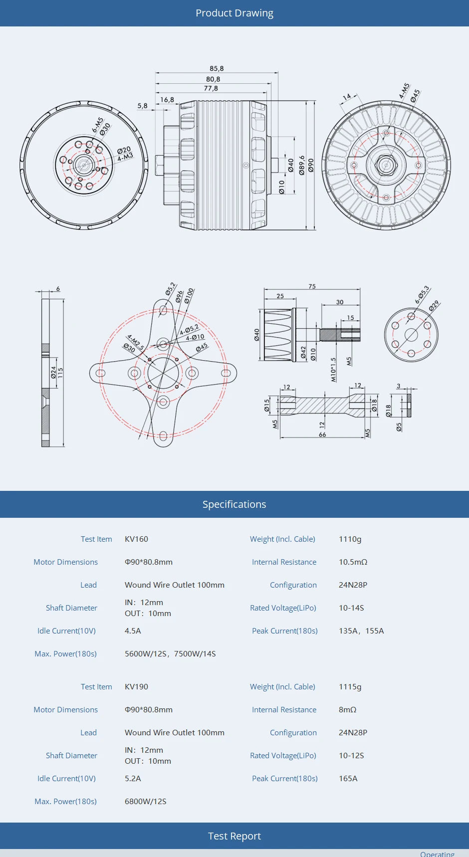T-MOTOR AT8030 85CC KV160/KV190 AT80 محرك بدون فرش بدون طيار سلسلة الطاقة والتحكم المتوازن الممتاز 13 T-MOTOR, KV16O Weight (Incl. Cable) 1110g Motor Dimensions