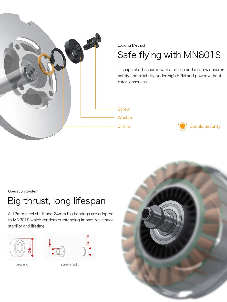 T-motor, MNBO1S T shape shaft secured with a cir-clip and a