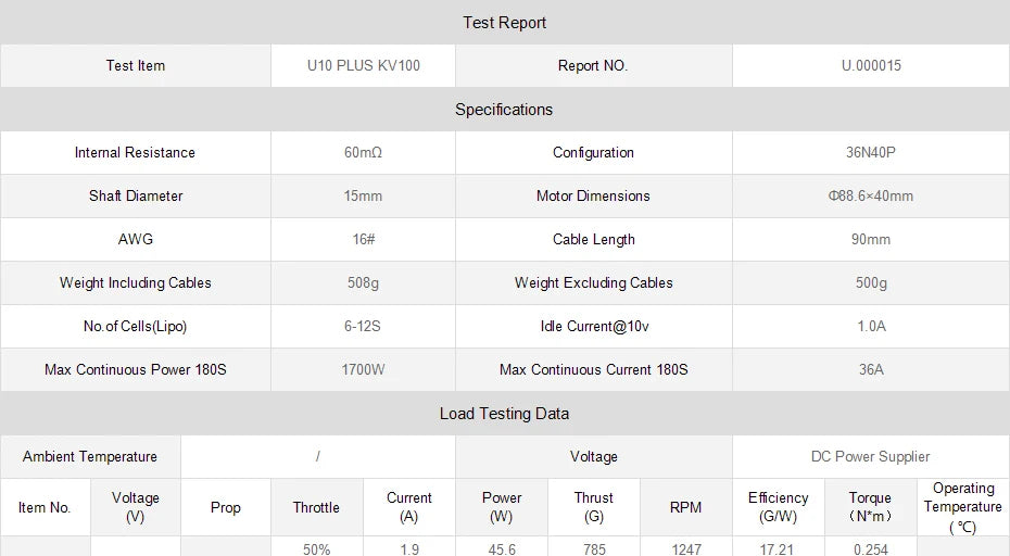 محرك T-Motor U10 Plus KV170 6-10S 12 كجم محرك كفاءة الدفع لطائرات الهليكوبتر متعددة الدوار Hexacopter UAV بدون طيار 25 T-Motor, Test Report Test Item U10 PLUS KV1OO Report NO. 000015 Specific
