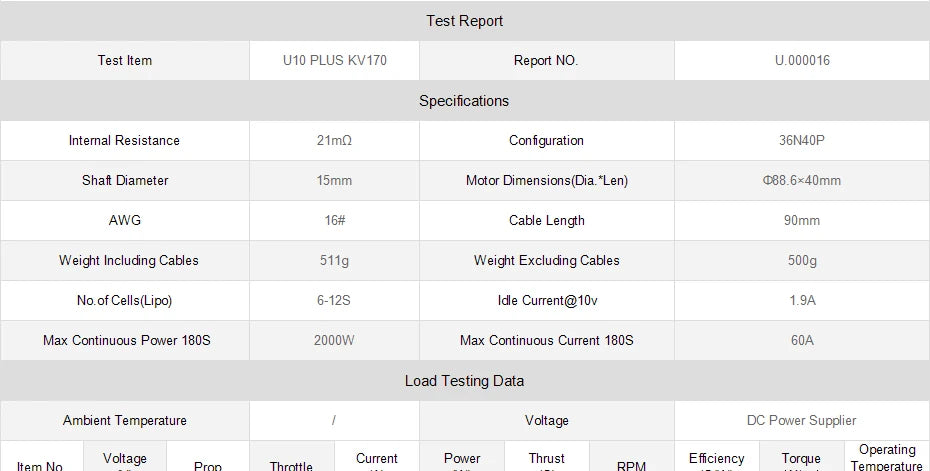 محرك T-Motor U10 Plus KV170 6-10S 12 كجم محرك كفاءة الدفع لطائرات الهليكوبتر متعددة الدوار Hexacopter UAV بدون طيار 36 T-Motor, Test Item U10 PLUS KV1ZO Report No. 000016 Specifications