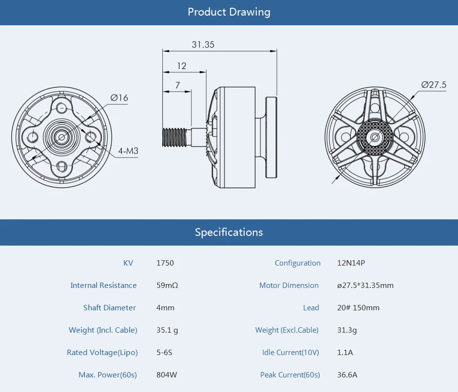 T-motor, 4-M3 Specifications 1750 Configuration 12N14P Internal Resistance 59mn