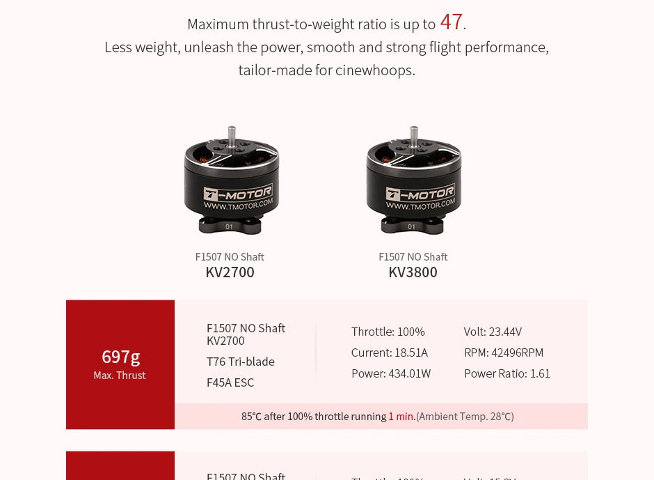 4x T-MOTOR F1507 بدون عمود KV2700 / KV3800 محرك بدون فرش لـ Cinewhoop، 3quot؛ الدعامة FPV Drone FPV Freestyle Racing Drone 9 4x T-MOTOR, maximum thrust-to-weight ratio is up to 47. Less weight; unleash the power
