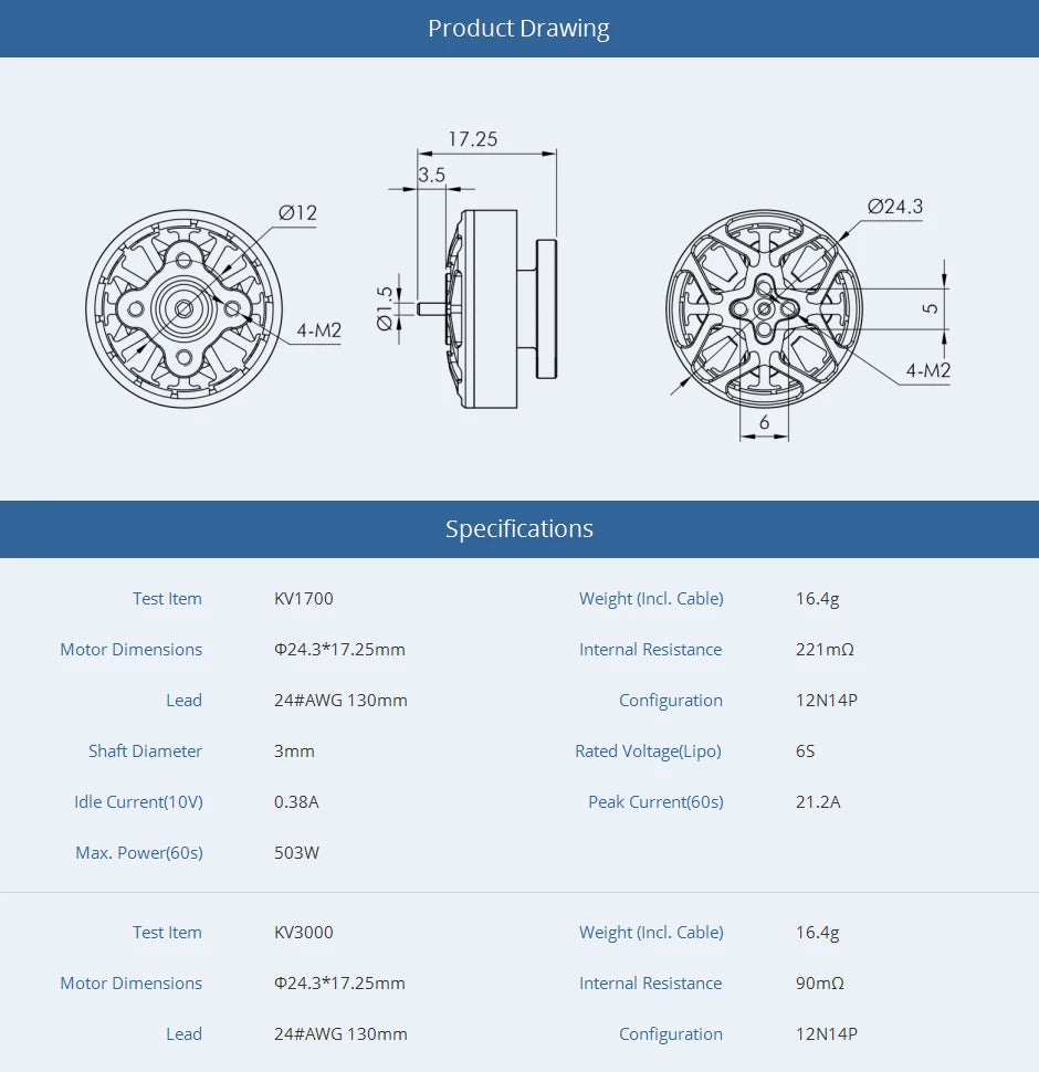 T-motor, 2-M2 4-M2 Specifications Test Item KV17o0 Weight (In