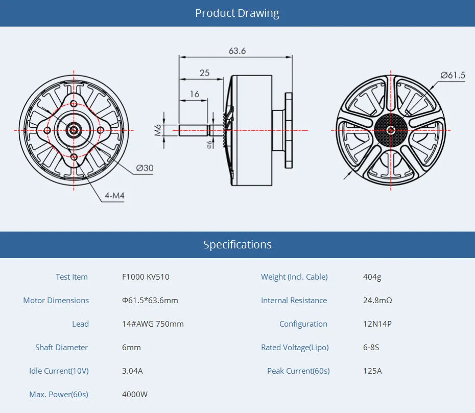 T-MOTOR F1000 KV300 KV510 محرك بدون فرشاة أقصى قوة دفع 6.5 كجم لطائرة السباق بدون طيار من الفئة X FPV DRL 9 T-MOTOR, 404g Motor Dimensions 061.5*63.6mm Interna Resistance 24.8m