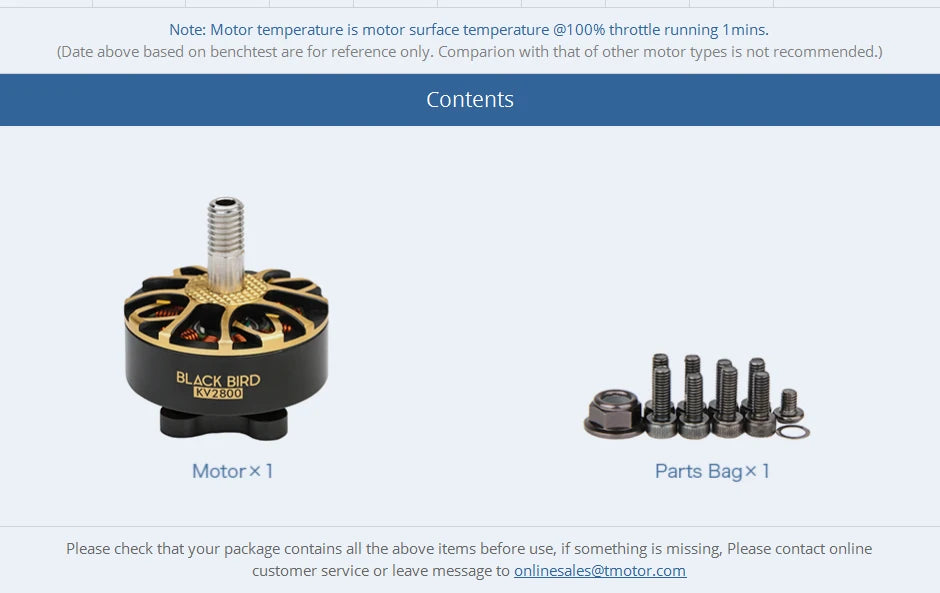 T-motor, BLACK BIRD KV200 Motorx 1 Parts Bagx 1 Please check that your