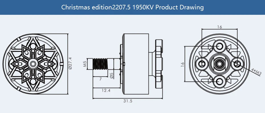 محرك T-MOTOR 2207.5 1950KV إصدار عيد الميلاد بدون فرشاة للطائرة بدون طيار 10 T-MOTOR, Christmas edition2207.5 1950KV Product Drawing 12.4 31,