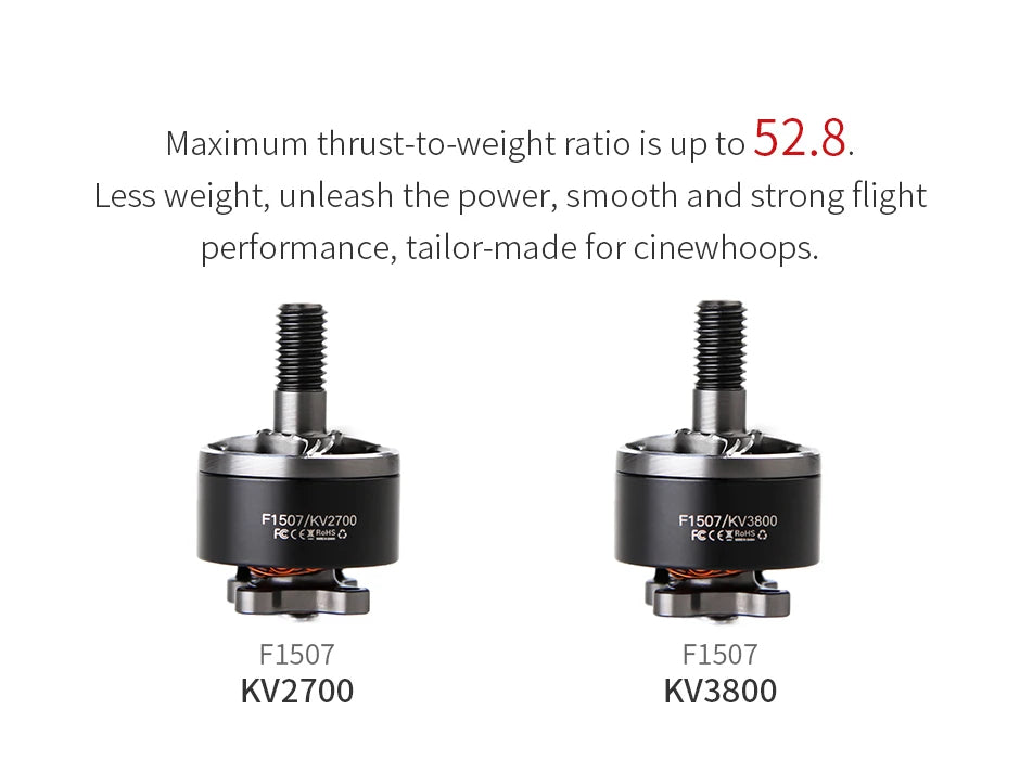 محرك T-MOTOR F1507 KV2700 / KV3800 بدون فرش - محرك FPV بدون فرشاة بعزم دوران عالي بحد أقصى 838 جرام لـ Cinewhoop 9 T-MOTOR, maximum thrust-to-weight ratio is up to 52.8 . F1507/K