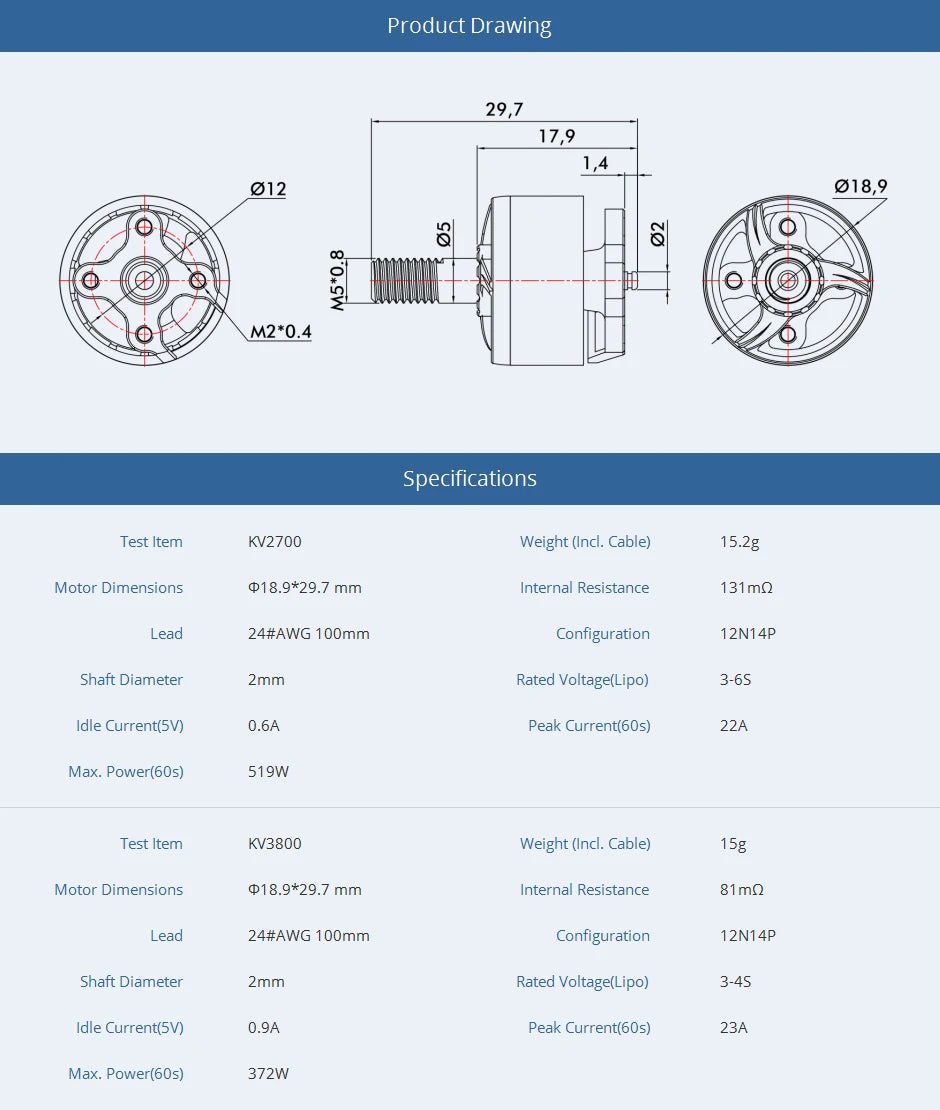 محرك T-MOTOR F1507 KV2700 / KV3800 بدون فرش - محرك FPV بدون فرشاة بعزم دوران عالي بحد أقصى 838 جرام لـ Cinewhoop 12 T-MOTOR, mm Interna Resistance 131mn Lead 24#AWG 10Omm Configur