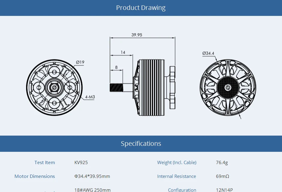 T-motor, Product Drawing 39.95 034 4-M3 Specifications Test Item Kv925 Weight (