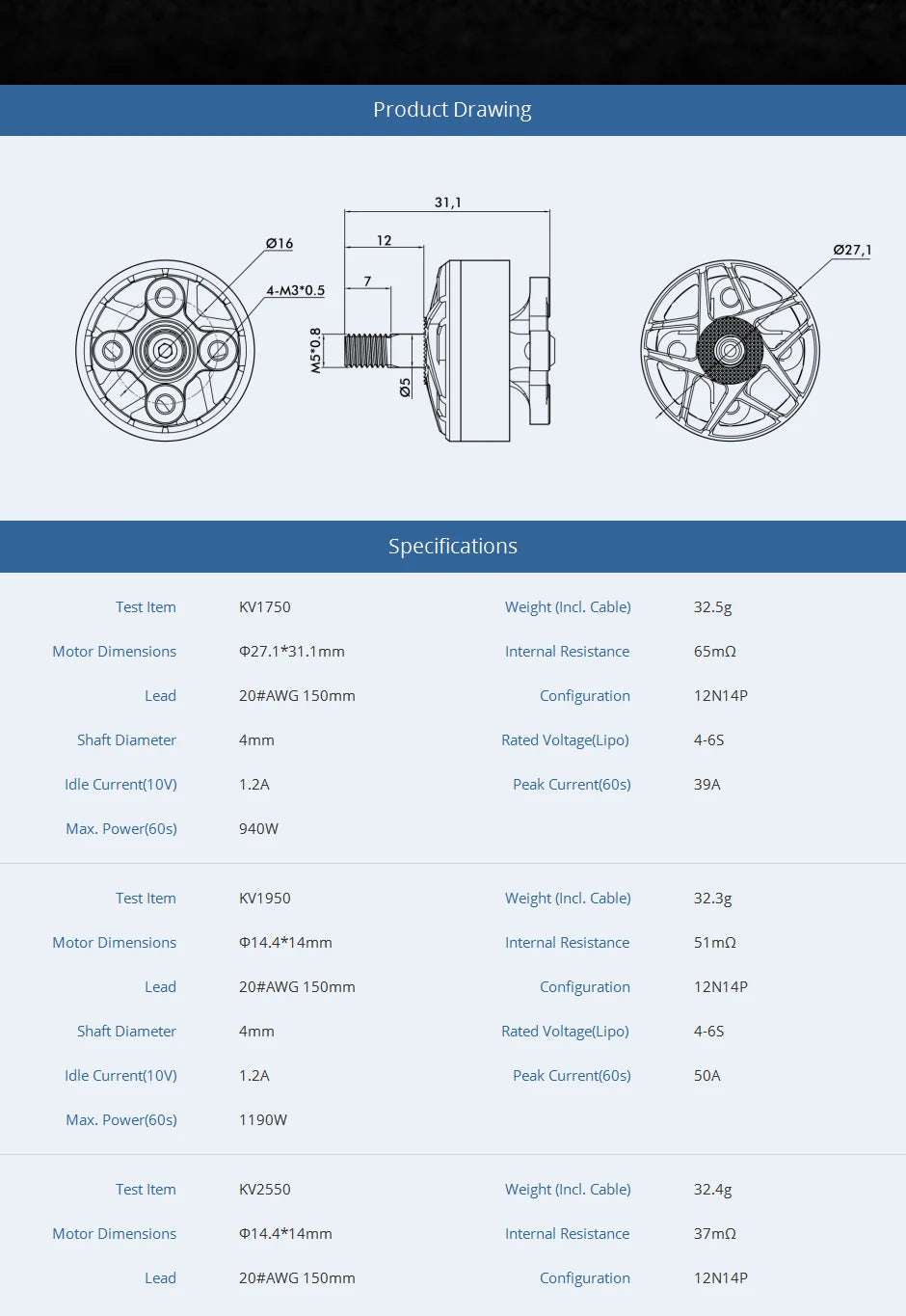 T-motor, 32.5g Motor Dimensions 027.1*31.1mm Interna Resistance 65mn
