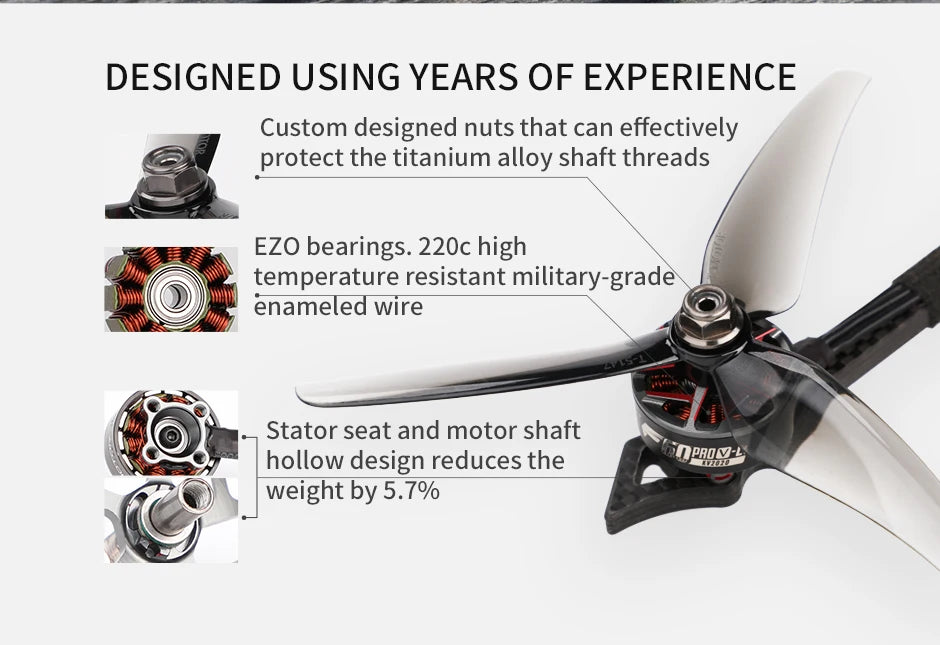 T-Motor F60 PRO V-LV Racing Motor KV1950 KV2020 لإطار FPV Racing Drone FPV Freestyle 9 T-Motor, Custom designed nuts that can effectively protect the titanium alloy shaft threads EZO bearings 2
