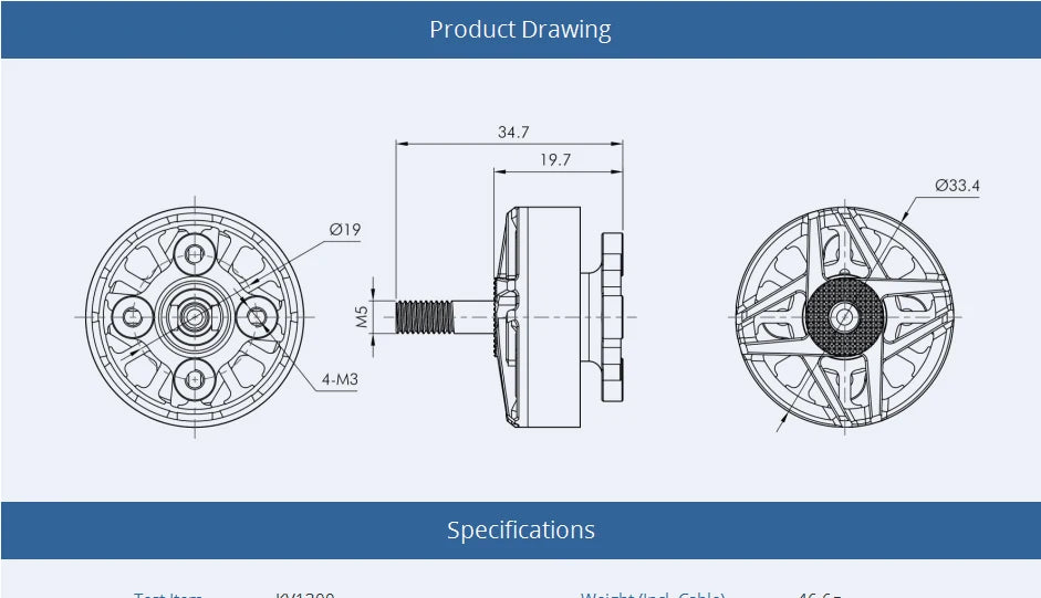 4x T-motor F90 KV1300 KV1500 محرك بدون فرشاة لإصدار FPV Freestyle RC Racing Drone 11 4x T-motor, Product Drawing 34.7 9.7 4-M3 Specific