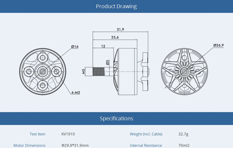 T-motor, 4-M3 Specifications Test Item KV1910 Weight (Incl. Cable
