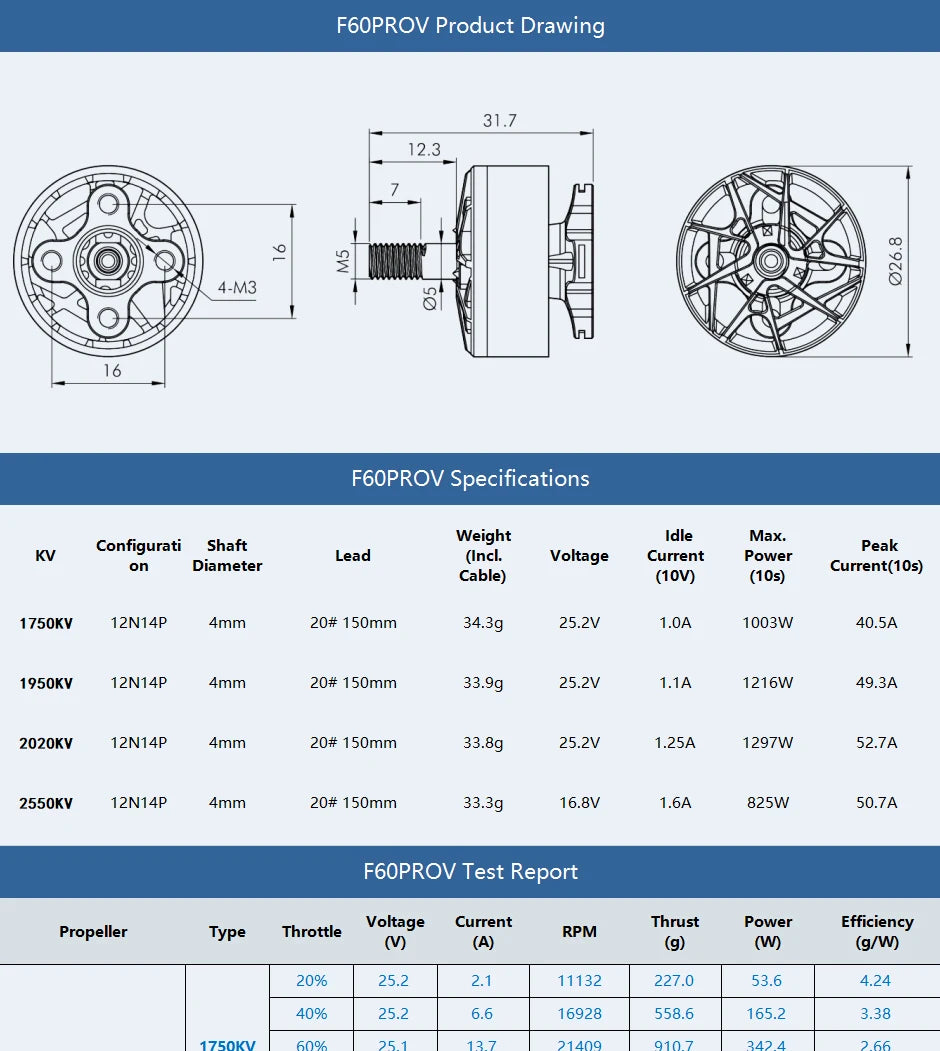 T-motor F60PROV KV1750 KV1950KV2020 K