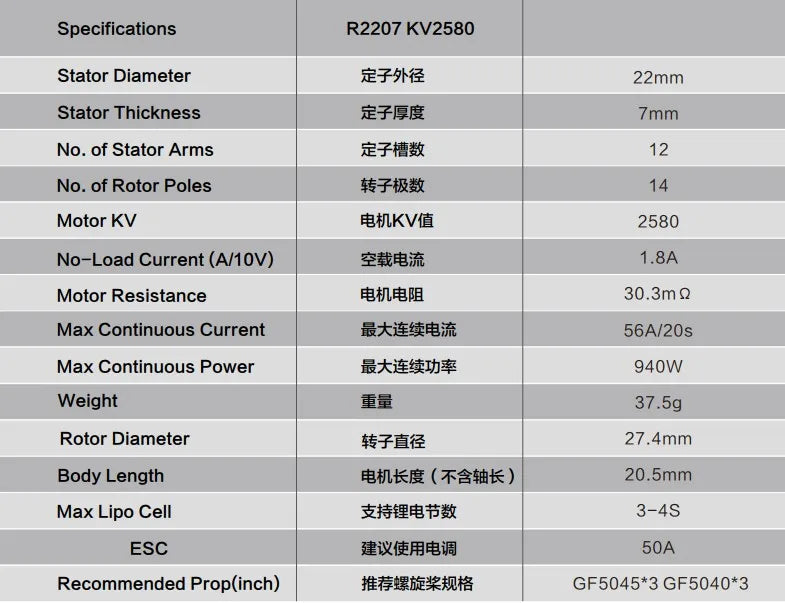 Sunnysky R2207 2207 محرك بدون فرشاة 2580KV 1800KV لطائرة RC بدون طيار FPV سباق متعدد الدوار لتقوم بها بنفسك قطع غيار الإطار Accs 8 Sunnysky R2207 2207 Brushless Motor, Specifications R2207 KV2580 Stator Diameter 27V6Z 22mm
