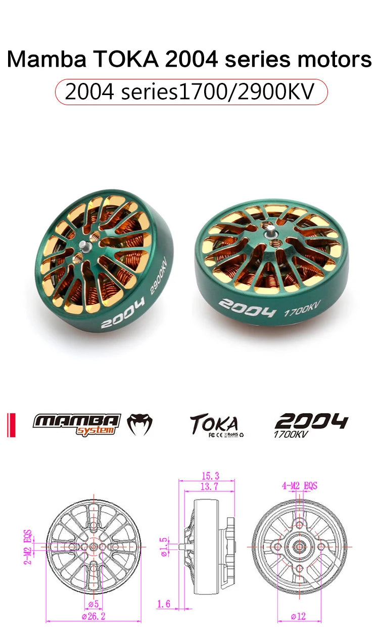 DIATONE MAMBA TOKA 2004 1700KV/2900KV محرك بدون فرشاة لسباق السيارات أخضر للسباق 3-5 بوصة مسواك طائرات بدون طيار صغيرة المدى RC FPV 12 Mamba Toka 2004 1700kv 2900kv Brushless Motor Green Parameter