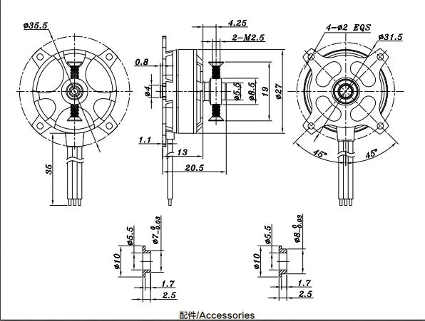 X2204 20G 2S 1800KV/1480kv 50W Brushless