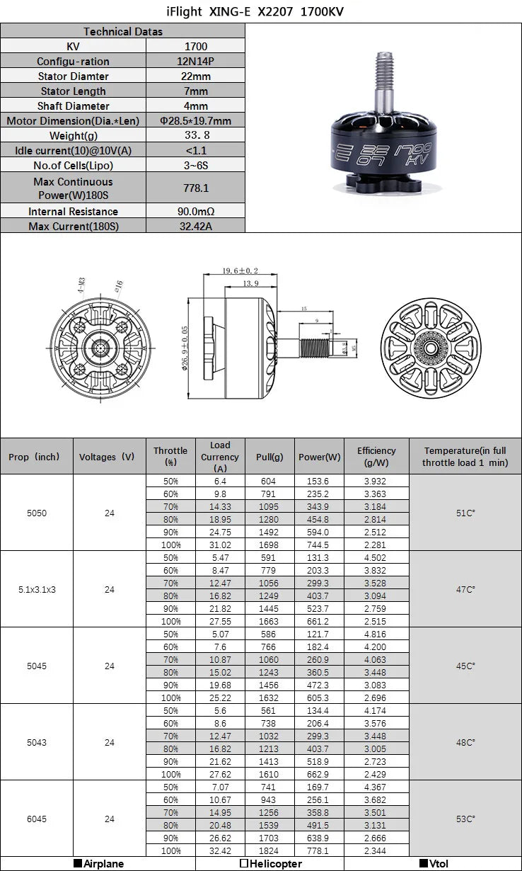 1/2/4PCS iFlight XING E 2207 Pro 4S 1800KV 6S /2450KV 2750KV Brushless Motor for FPV RC Multicopter Racing Drone Parts 20 iFlight XING-E X2207 1700KV Technical Data