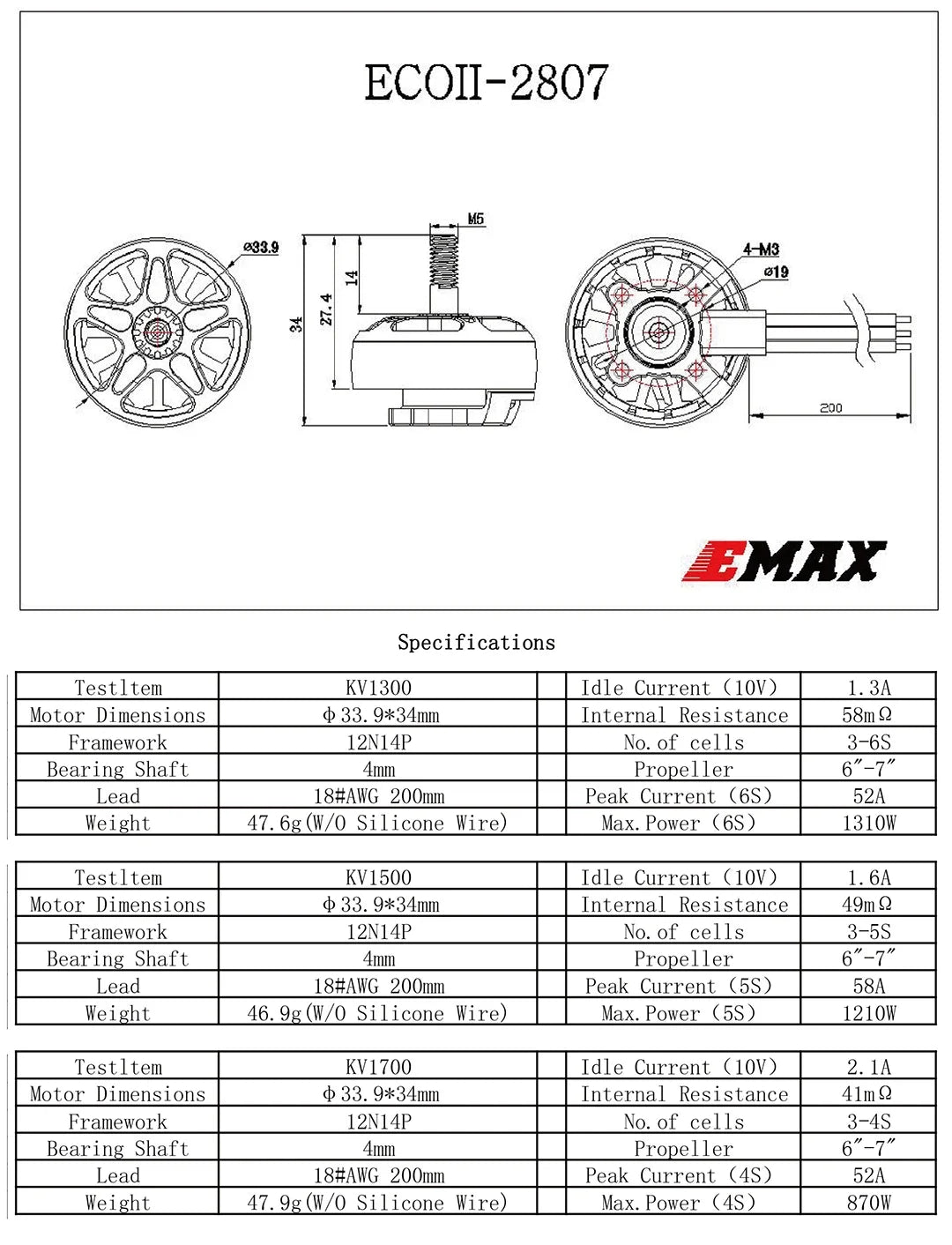 Gift In Stock Newest Emax Official ECO II Series 2807 1300KV 1700KV 1500KV Brushless Motor for RC Drone FPV Racing 12 1.34 Motor Dimensions 33.9*34mm Internal Resistance 58m 9 Framework 12N