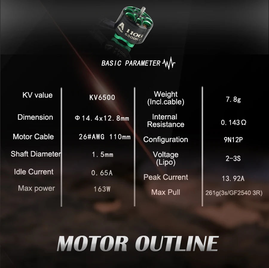 فلاش هواية 1/4 قطعة/الوحدة آرثر series1106 6500KV محرك بدون فرشاة محرك RC صغير لجزء سباق FPV متعدد المراكز 11 BASIC PARAMETER WN KV value Kv6soo Weight 7 (